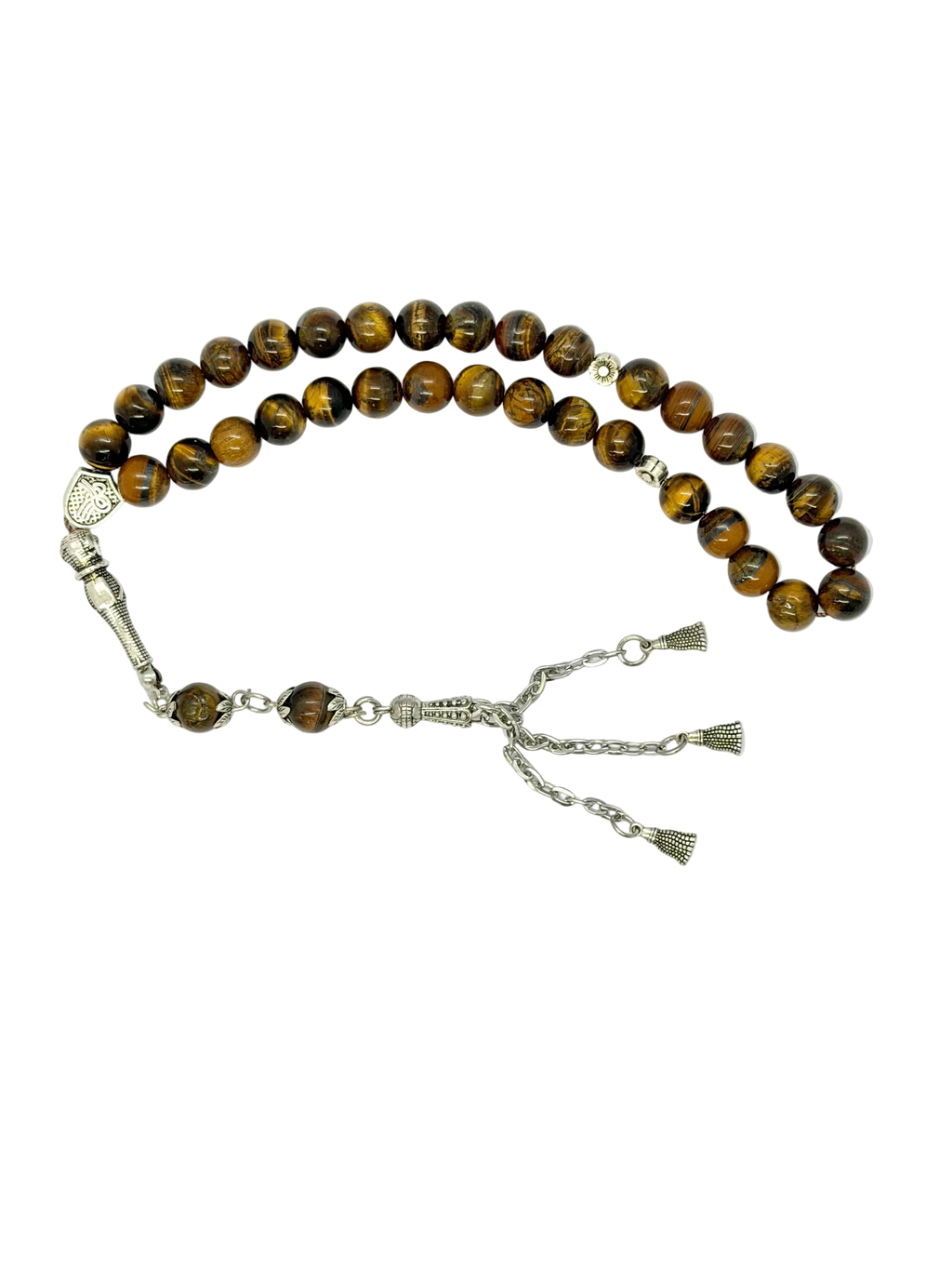 سبحة حجر عين النمر (Tiger Eye) بشرابة معدنية | 33 حبة