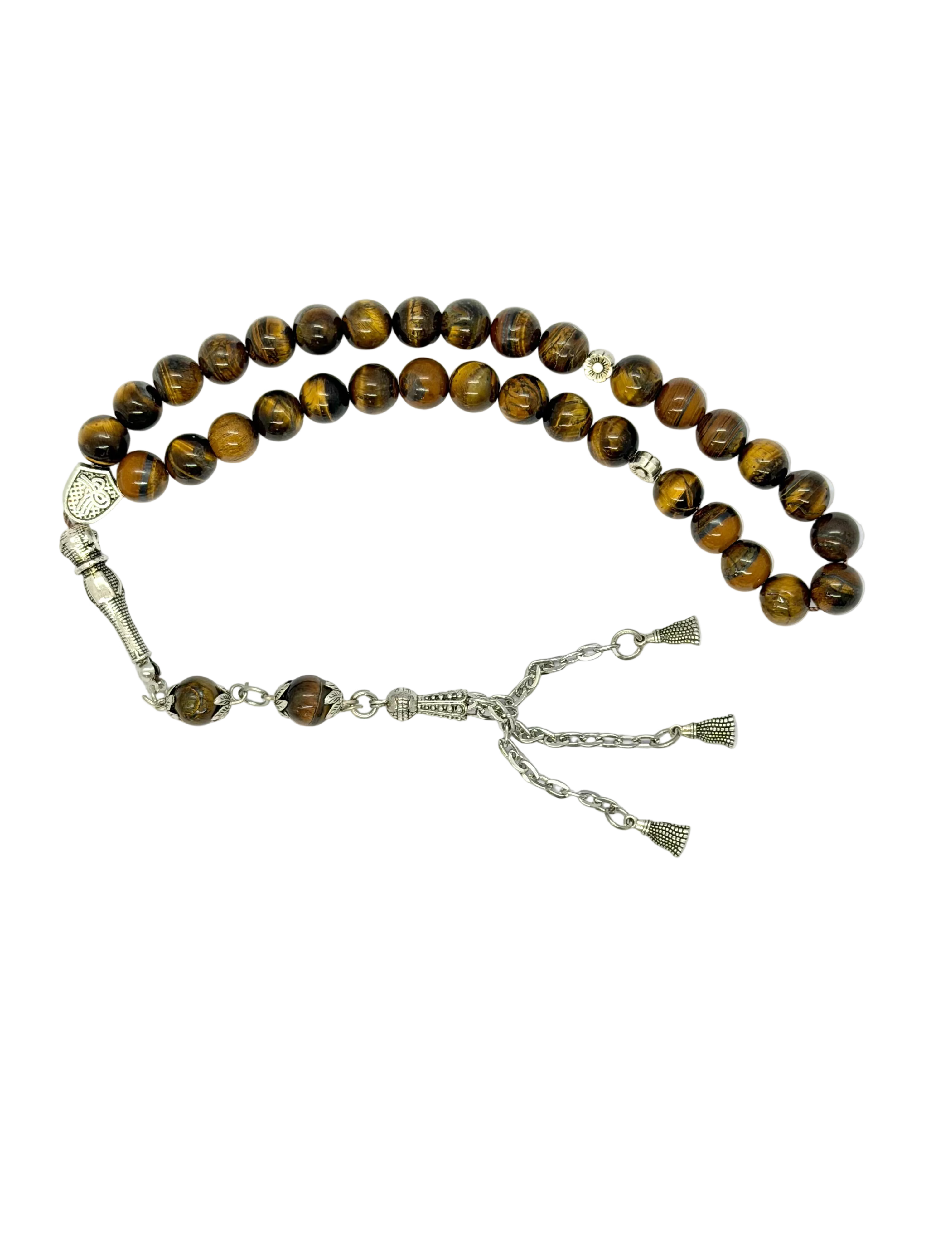 سبحة حجر عين النمر (Tiger Eye) بشرابة معدنية | 33 حبة
