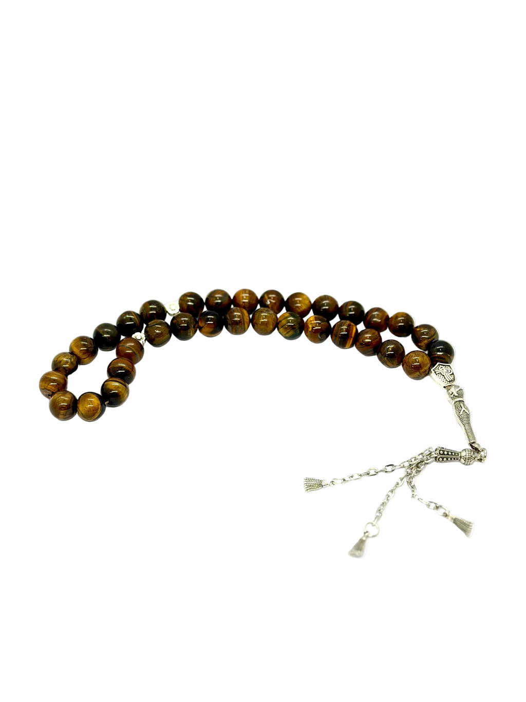 سبحة حجر عين النمر (Tiger Eye) بشرابة معدنية | 33 حبة