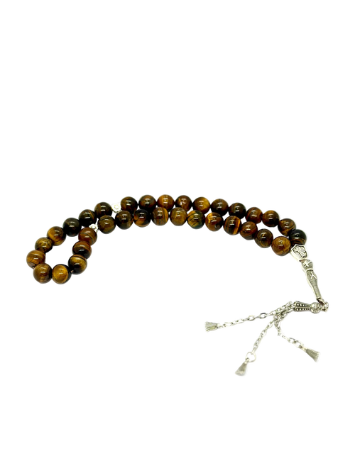 سبحة حجر عين النمر (Tiger Eye) بشرابة معدنية | 33 حبة